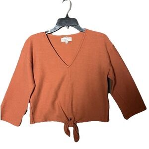 Madewell Top Blouse 3/4 Sleeve Textured V-neck Tie Front Cotton Knit Crop Size M